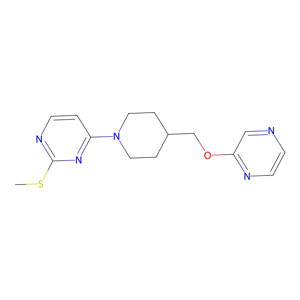 2-(Methylsulfanyl)-4-{4-[(pyrazin-2-yloxy)methyl]piperidin-1-yl}pyrimidine molecular structure, CAS 2548980-32-9