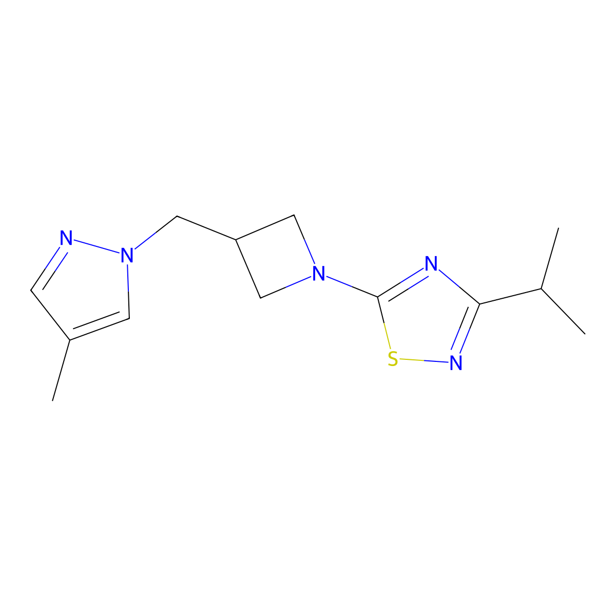 5-{3-[(4-methyl-1H-pyrazol-1-yl)methyl]azetidin-1-yl}-3-(propan-2-yl)-1,2,4-thiadiazole molecular structure, CAS 2548980-38-5