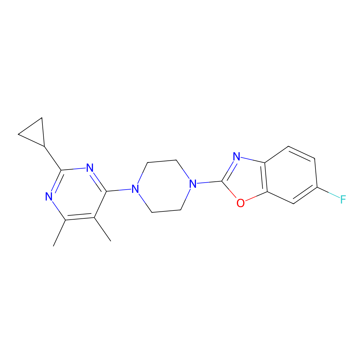 2-[4-(2-Cyclopropyl-5,6-dimethylpyrimidin-4-yl)piperazin-1-yl]-6-fluoro-1,3-benzoxazole molecular structure, CAS 2548980-43-2