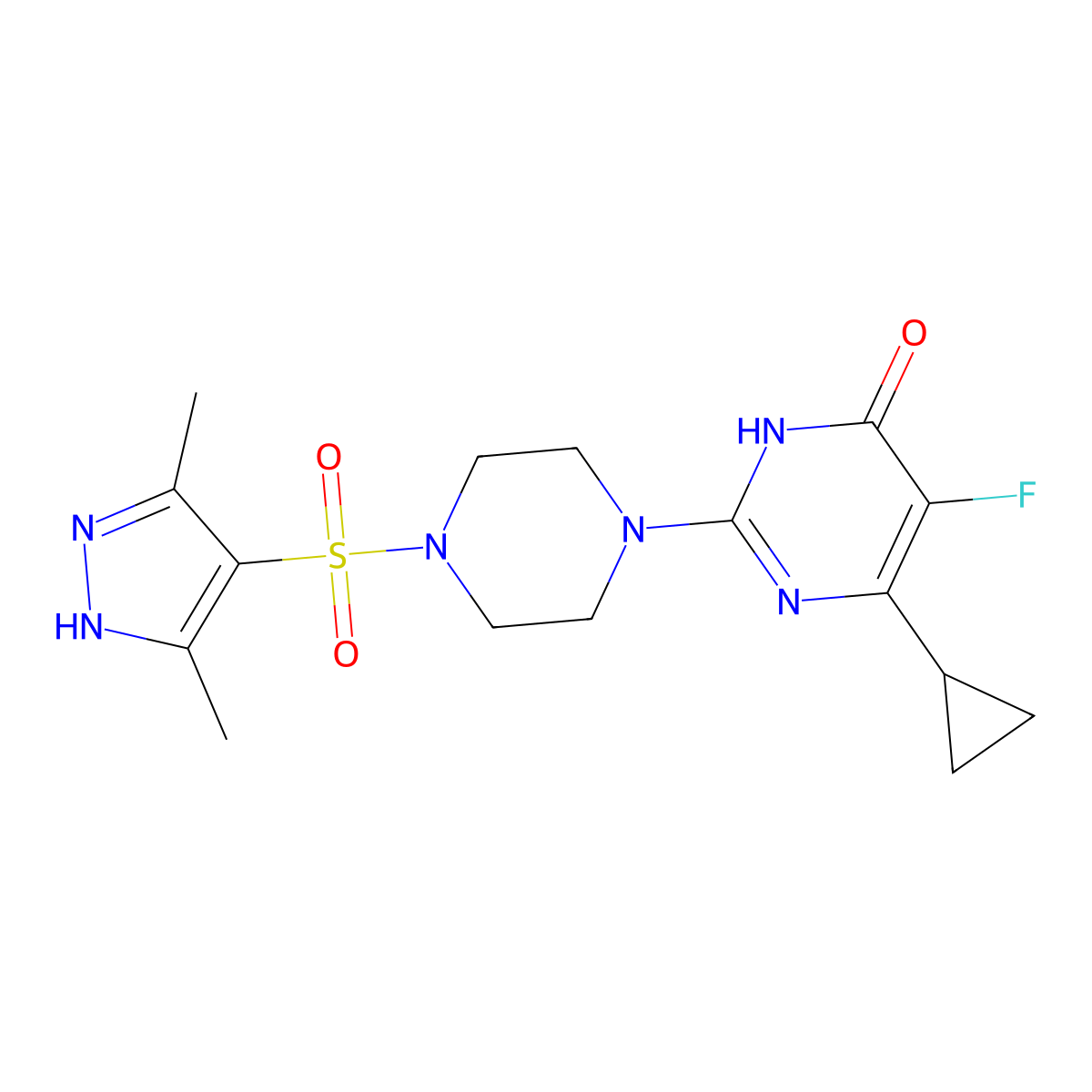 6-cyclopropyl-2-{4-[(3,5-dimethyl-1H-pyrazol-4-yl)sulfonyl]piperazin-1-yl}-5-fluoro-3,4-dihydropyrimidin-4-one molecular structure, CAS 2548980-44-3