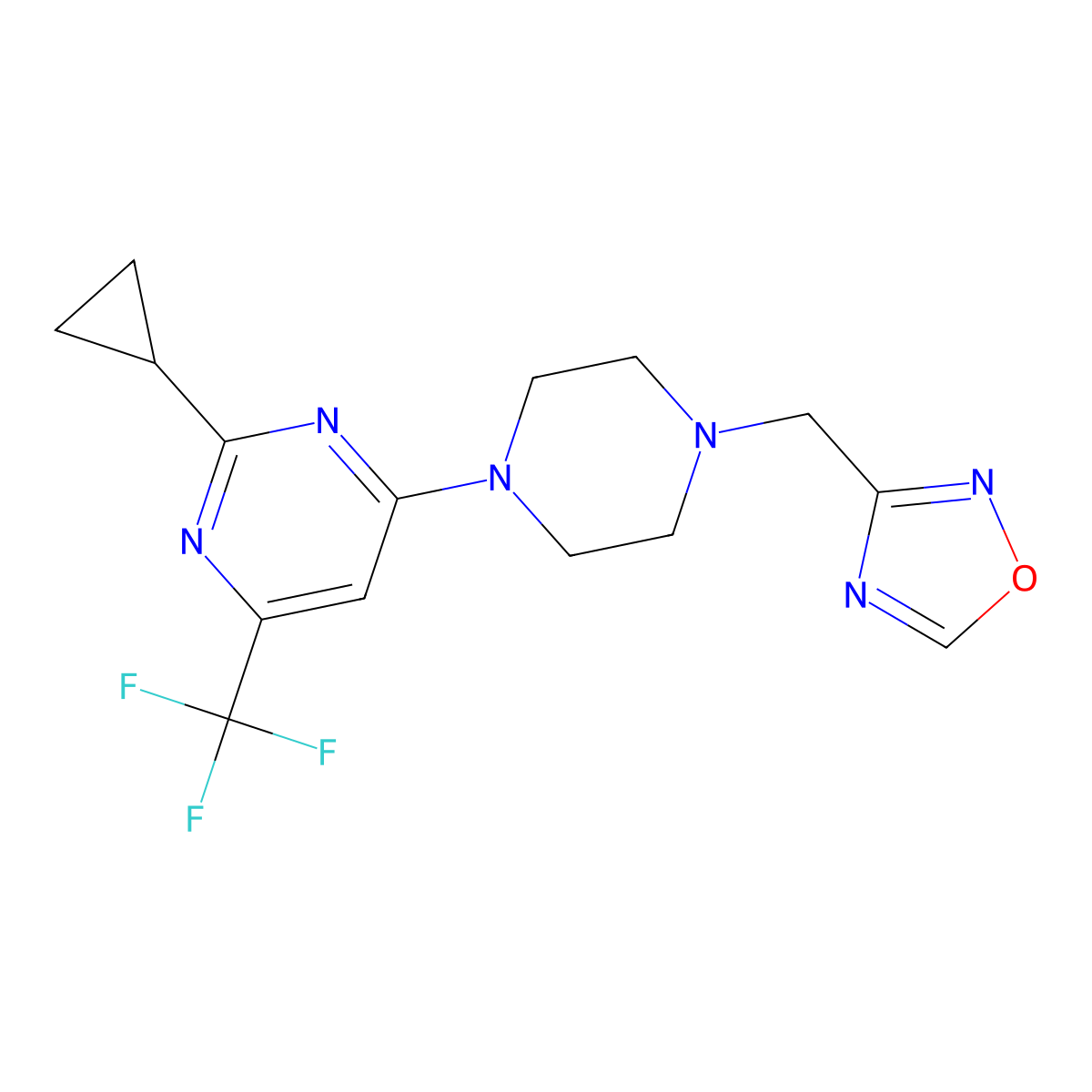 2-Cyclopropyl-4-{4-[(1,2,4-oxadiazol-3-yl)methyl]piperazin-1-yl}-6-(trifluoromethyl)pyrimidine molecular structure, CAS 2548980-50-1