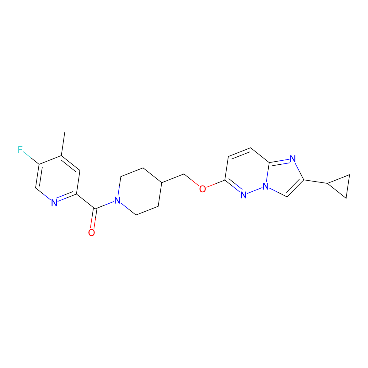 2-{4-[({2-Cyclopropylimidazo[1,2-b]pyridazin-6-yl}oxy)methyl]piperidine-1-carbonyl}-5-fluoro-4-methylpyridine molecular structure, CAS 2548980-55-6