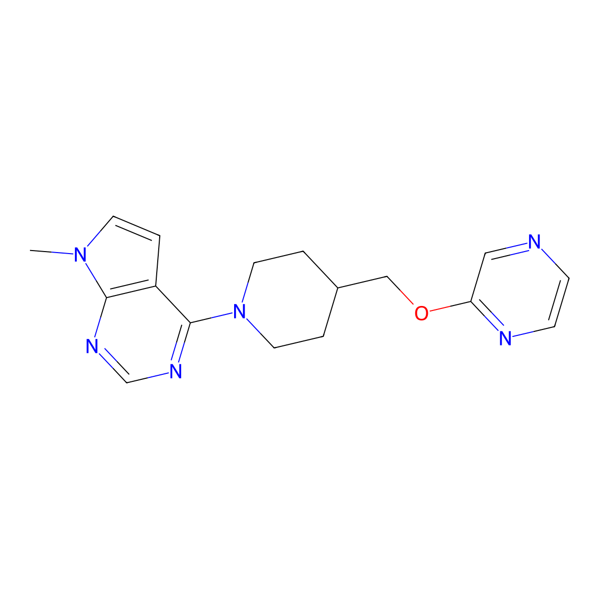 2-[(1-{7-methyl-7H-pyrrolo[2,3-d]pyrimidin-4-yl}piperidin-4-yl)methoxy]pyrazine molecular structure, CAS 2548980-81-8