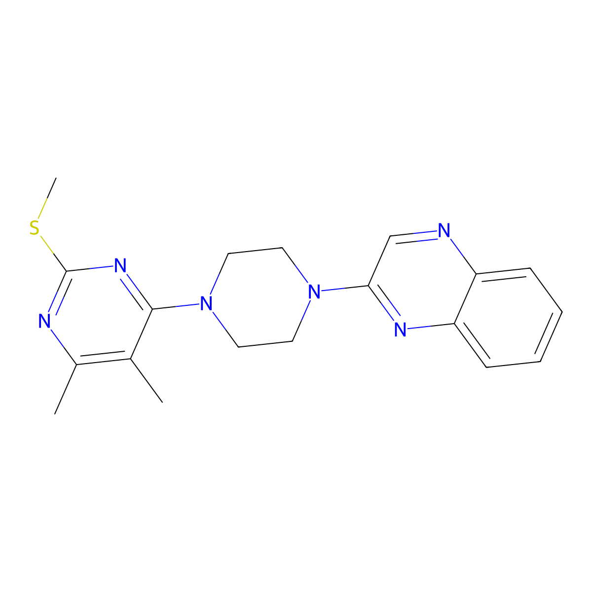 2-{4-[5,6-Dimethyl-2-(methylsulfanyl)pyrimidin-4-yl]piperazin-1-yl}quinoxaline molecular structure, CAS 2548980-85-2
