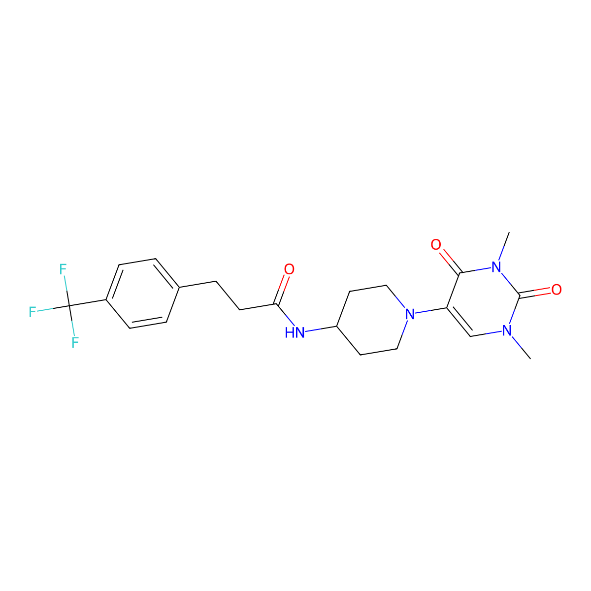 N-[1-(1,3-dimethyl-2,4-dioxo-1,2,3,4-tetrahydropyrimidin-5-yl)piperidin-4-yl]-3-[4-(trifluoromethyl)phenyl]propanamide molecular structure, CAS 2548980-89-6
