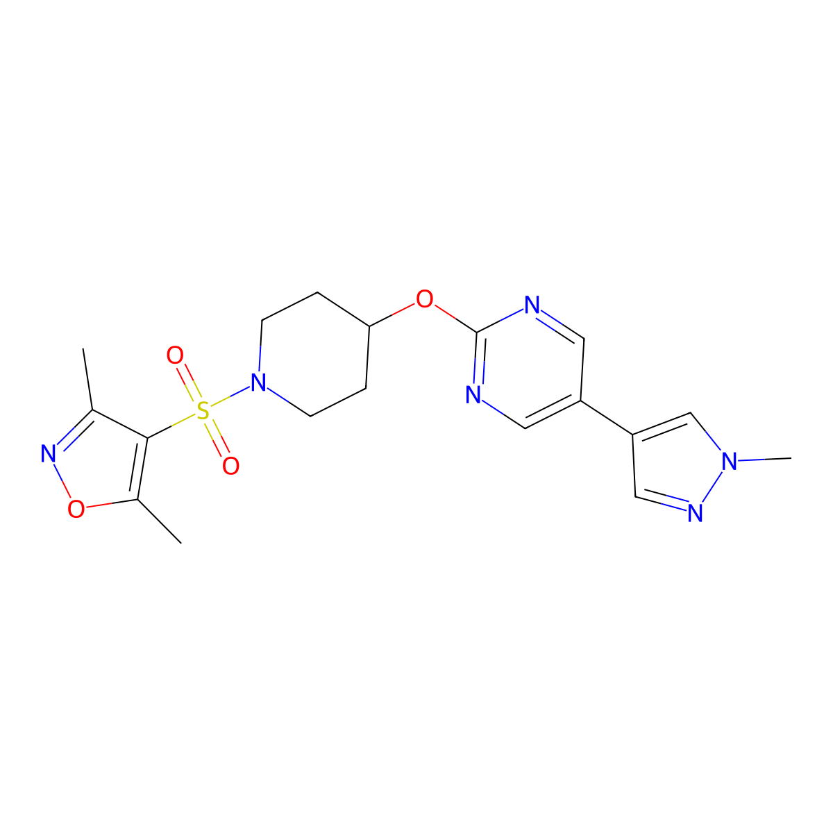 2-({1-[(3,5-dimethyl-1,2-oxazol-4-yl)sulfonyl]piperidin-4-yl}oxy)-5-(1-methyl-1H-pyrazol-4-yl)pyrimidine molecular structure, CAS 2548980-90-9