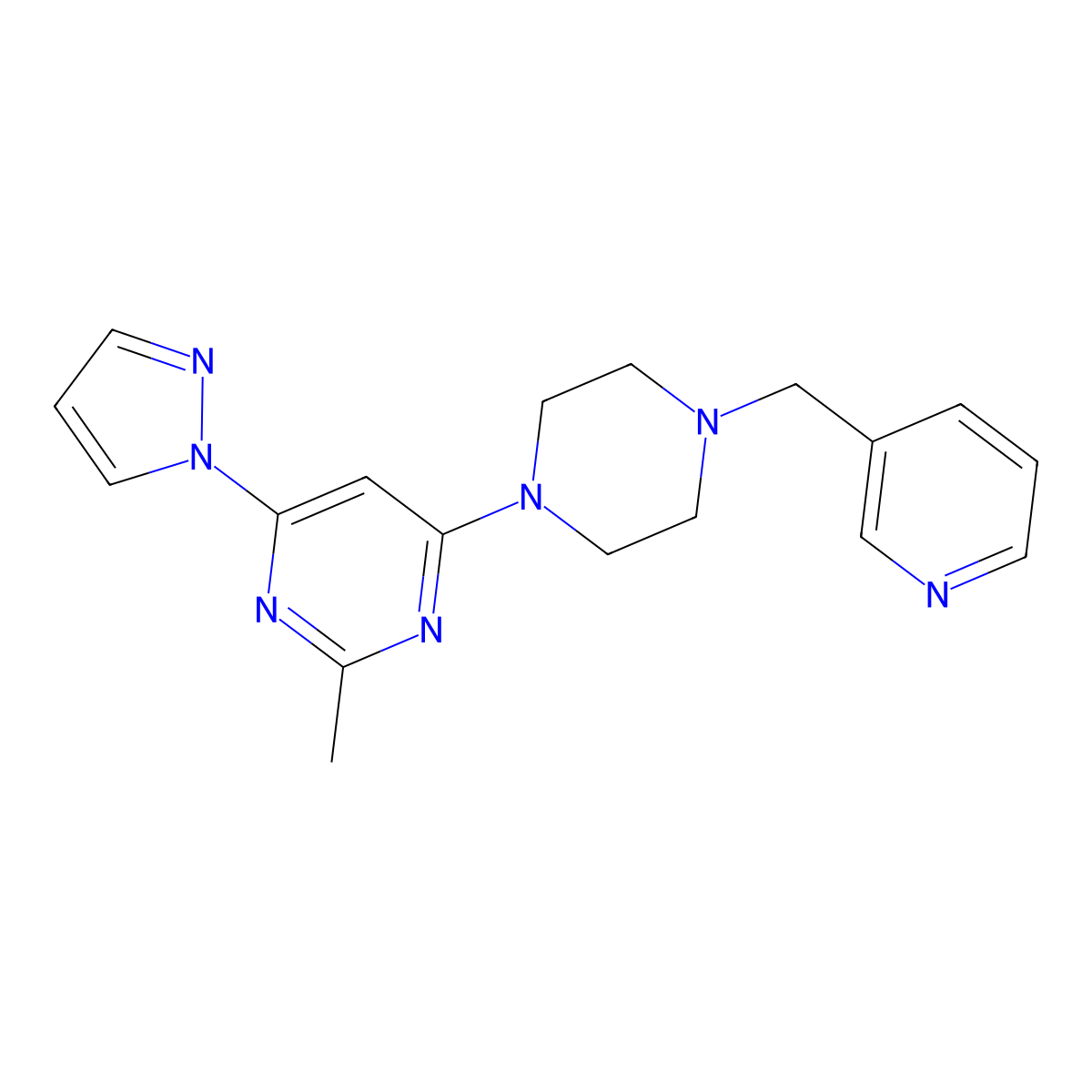 2-methyl-4-(1H-pyrazol-1-yl)-6-{4-[(pyridin-3-yl)methyl]piperazin-1-yl}pyrimidine molecular structure, CAS 2548980-97-6