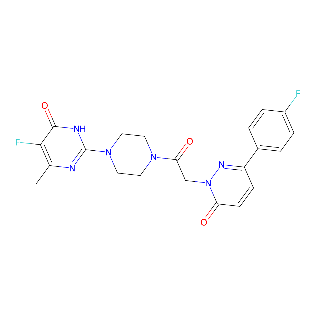 5-Fluoro-2-(4-{2-[3-(4-fluorophenyl)-6-oxo-1,6-dihydropyridazin-1-yl]acetyl}piperazin-1-yl)-6-methyl-3,4-dihydropyrimidin-4-one molecular structure, CAS 2548981-05-9
