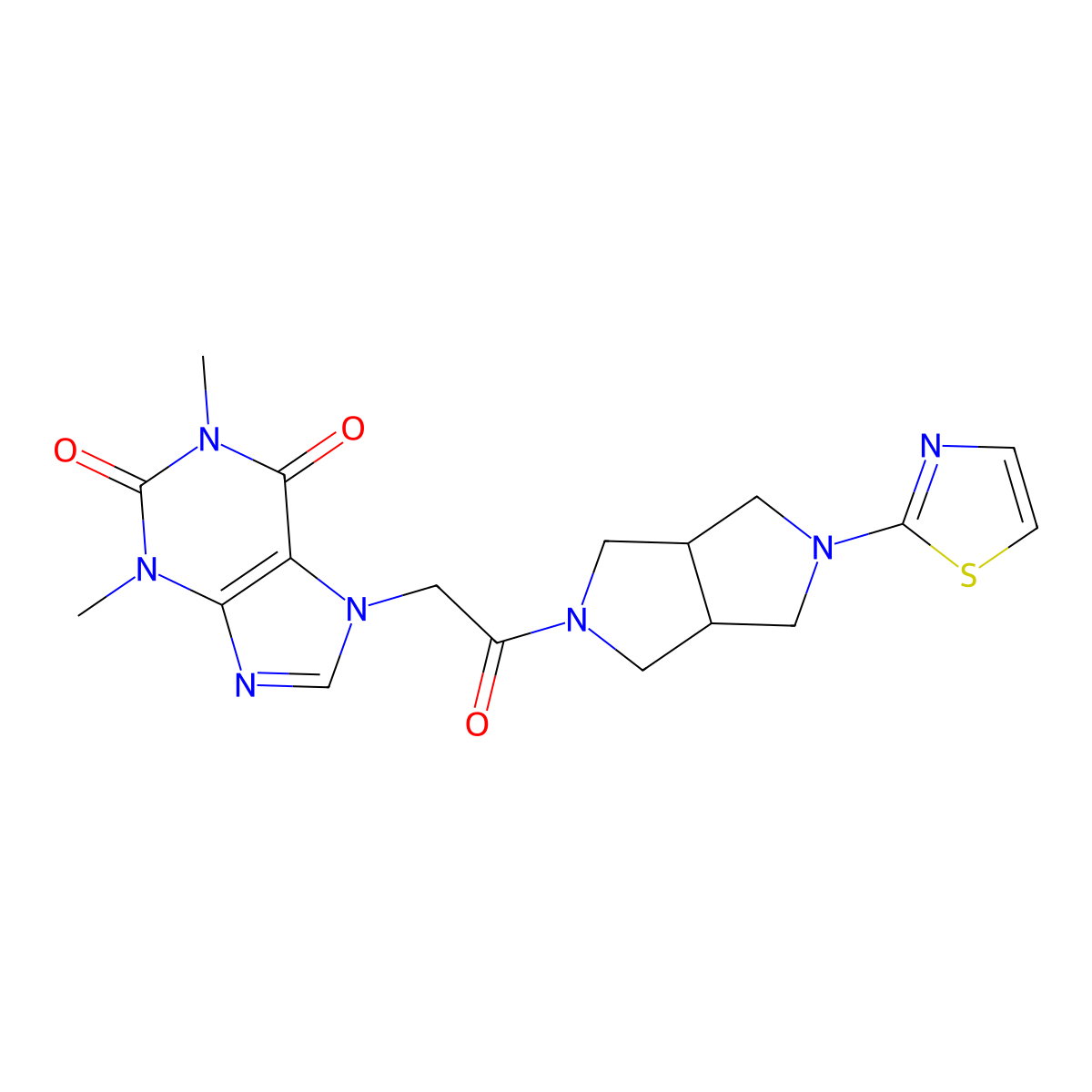 1,3-dimethyl-7-{2-oxo-2-[5-(1,3-thiazol-2-yl)-octahydropyrrolo[3,4-c]pyrrol-2-yl]ethyl}-2,3,6,7-tetrahydro-1H-purine-2,6-dione molecular structure, CAS 2548981-09-3