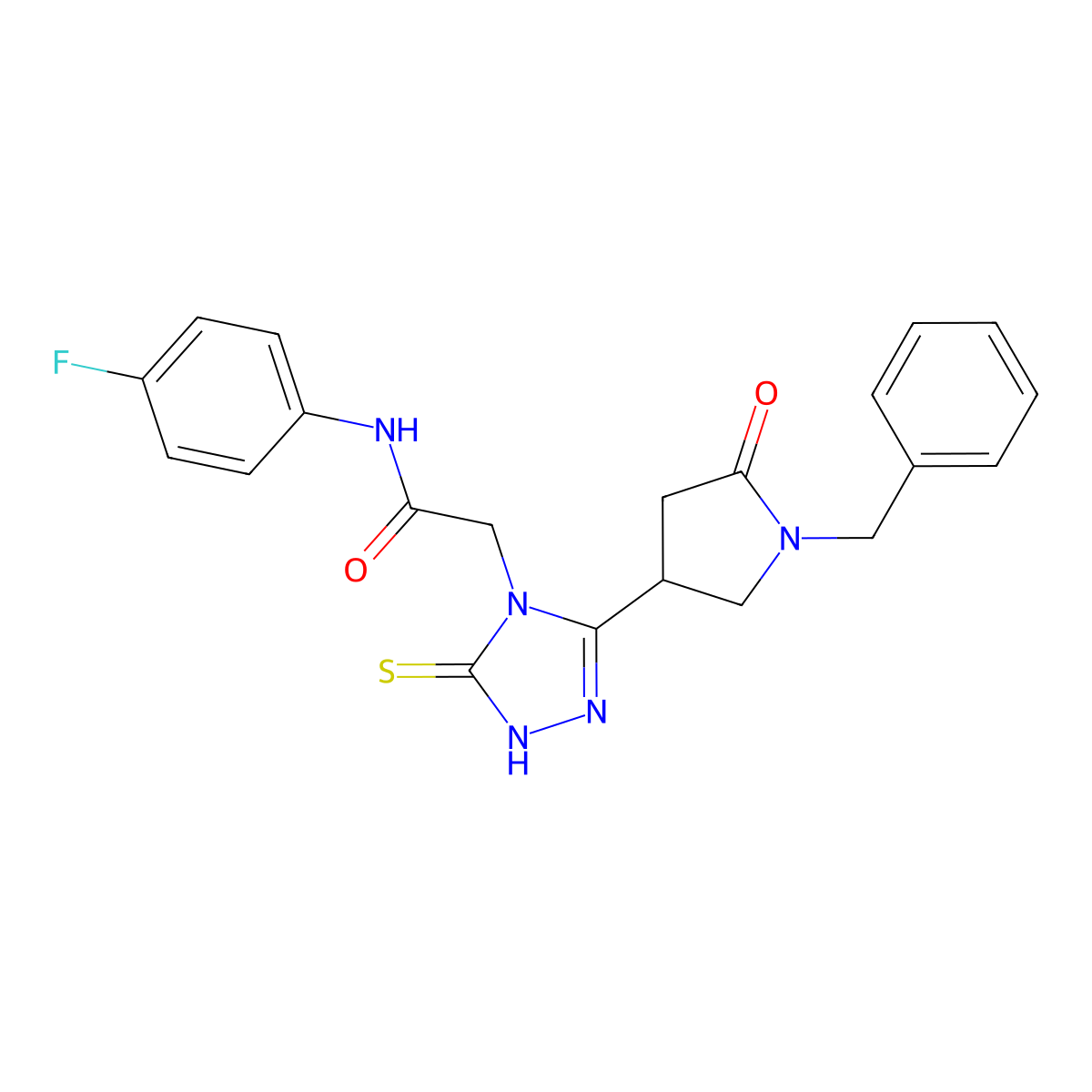 2-[3-(1-benzyl-5-oxopyrrolidin-3-yl)-5-sulfanylidene-4,5-dihydro-1H-1,2,4-triazol-4-yl]-N-(4-fluorophenyl)acetamide molecular structure, CAS 2548981-13-9