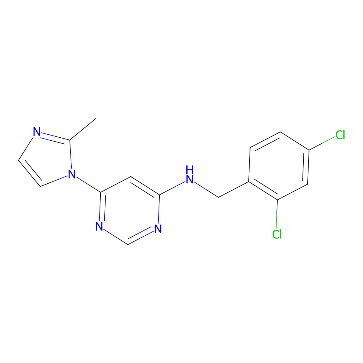 N-[(2,4-dichlorophenyl)methyl]-6-(2-methyl-1H-imidazol-1-yl)pyrimidin-4-amine molecular structure, CAS 2548981-15-1