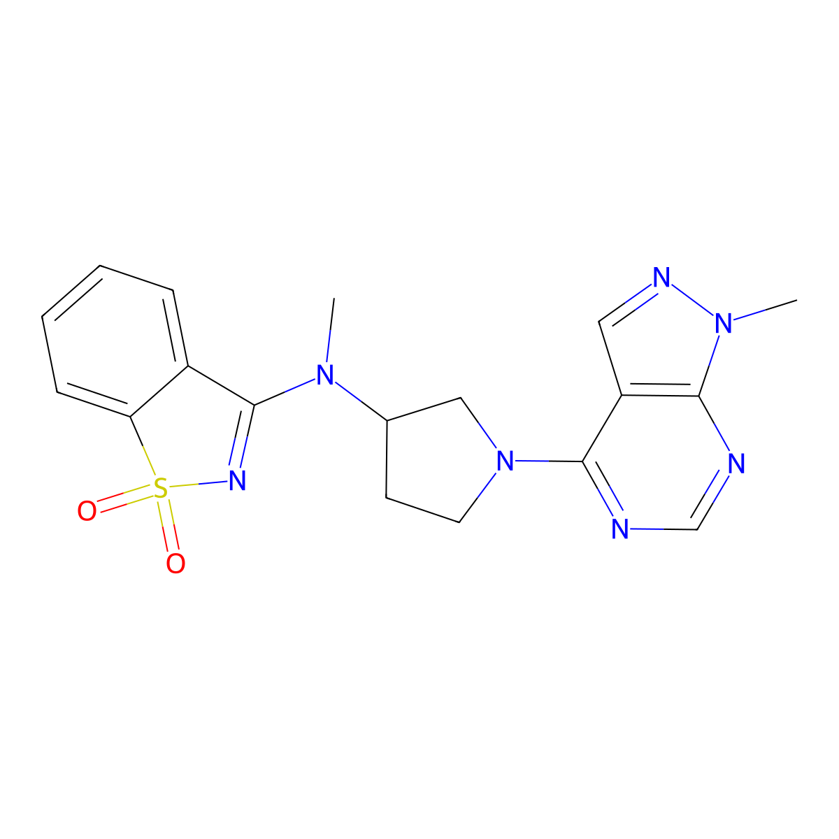 N-methyl-N-[1-(1-methylpyrazolo[5,4-d]pyrimidin-4-yl)pyrrolidin-3-yl]-1,1-dioxo-1,2-benzothiazol-3-amine molecular structure, CAS 2548981-18-4