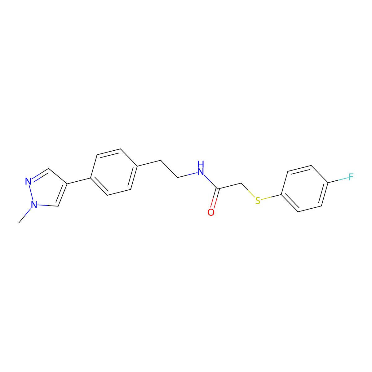2-[(4-fluorophenyl)sulfanyl]-N-{2-[4-(1-methyl-1H-pyrazol-4-yl)phenyl]ethyl}acetamide molecular structure, CAS 2548981-20-8