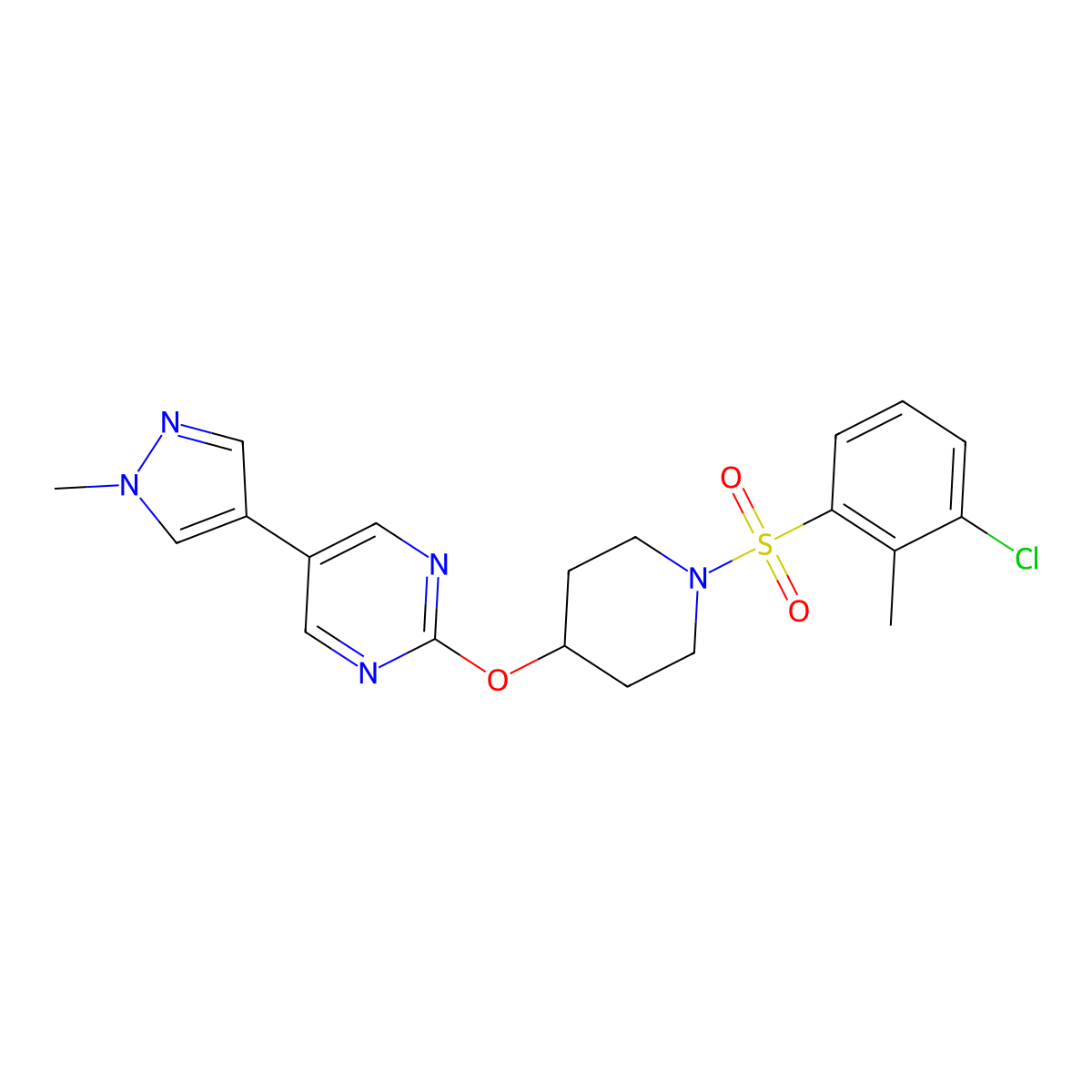 2-{[1-(3-chloro-2-methylbenzenesulfonyl)piperidin-4-yl]oxy}-5-(1-methyl-1H-pyrazol-4-yl)pyrimidine molecular structure, CAS 2548981-23-1