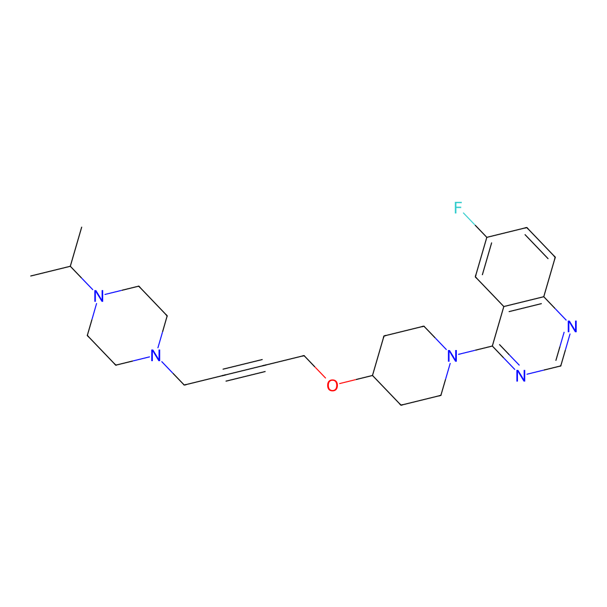 6-Fluoro-4-[4-({4-[4-(propan-2-yl)piperazin-1-yl]but-2-yn-1-yl}oxy)piperidin-1-yl]quinazoline molecular structure, CAS 2548981-28-6