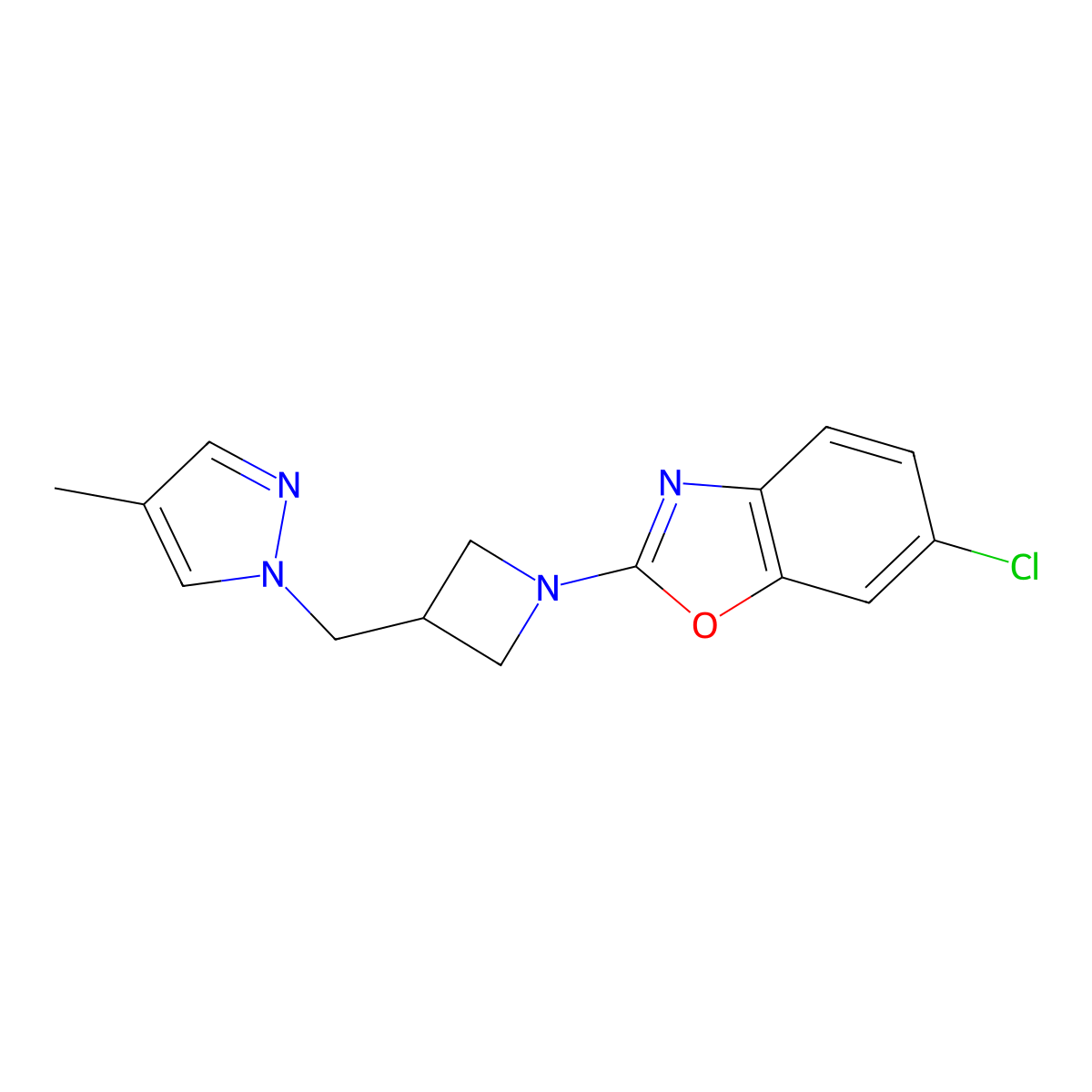 6-chloro-2-{3-[(4-methyl-1H-pyrazol-1-yl)methyl]azetidin-1-yl}-1,3-benzoxazole molecular structure, CAS 2548981-48-0