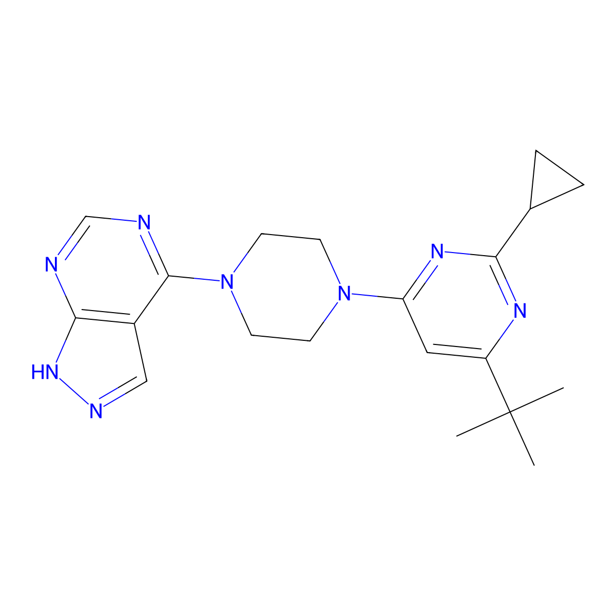 4-tert-butyl-2-cyclopropyl-6-(4-{1H-pyrazolo[3,4-d]pyrimidin-4-yl}piperazin-1-yl)pyrimidine molecular structure, CAS 2548981-54-8