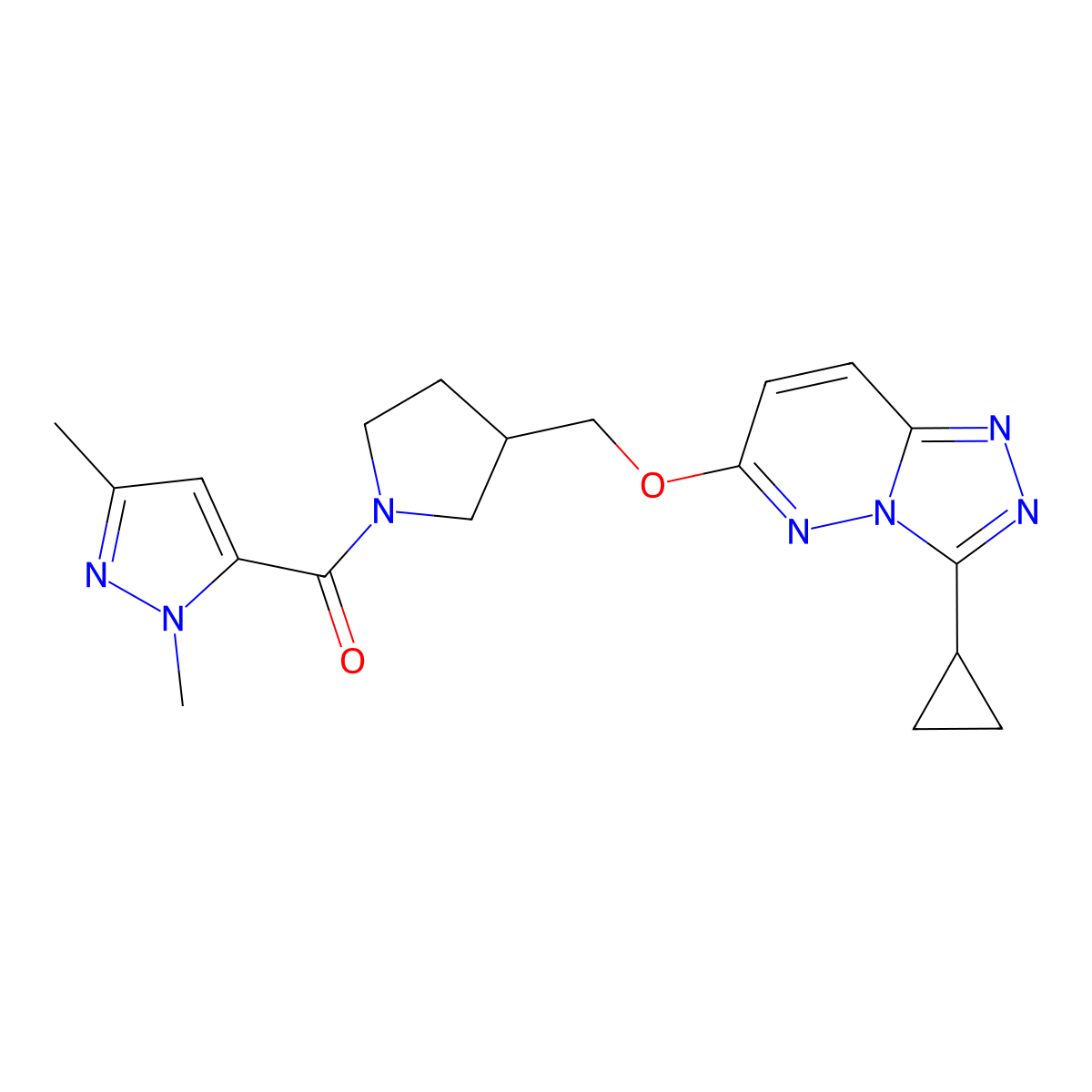 5-{3-[({3-cyclopropyl-[1,2,4]triazolo[4,3-b]pyridazin-6-yl}oxy)methyl]pyrrolidine-1-carbonyl}-1,3-dimethyl-1H-pyrazole molecular structure, CAS 2548981-56-0