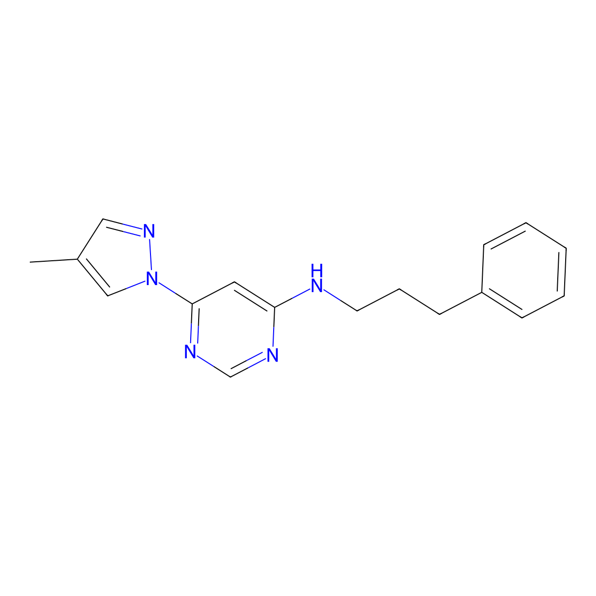 6-(4-methyl-1H-pyrazol-1-yl)-N-(3-phenylpropyl)pyrimidin-4-amine molecular structure, CAS 2548981-58-2