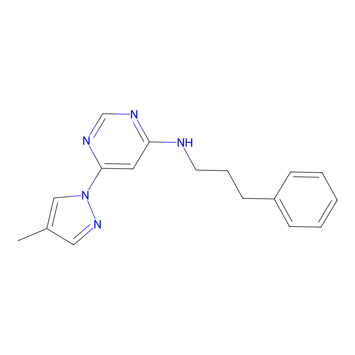 6-(4-methyl-1H-pyrazol-1-yl)-N-(3-phenylpropyl)pyrimidin-4-amine molecular structure, CAS 2548981-58-2