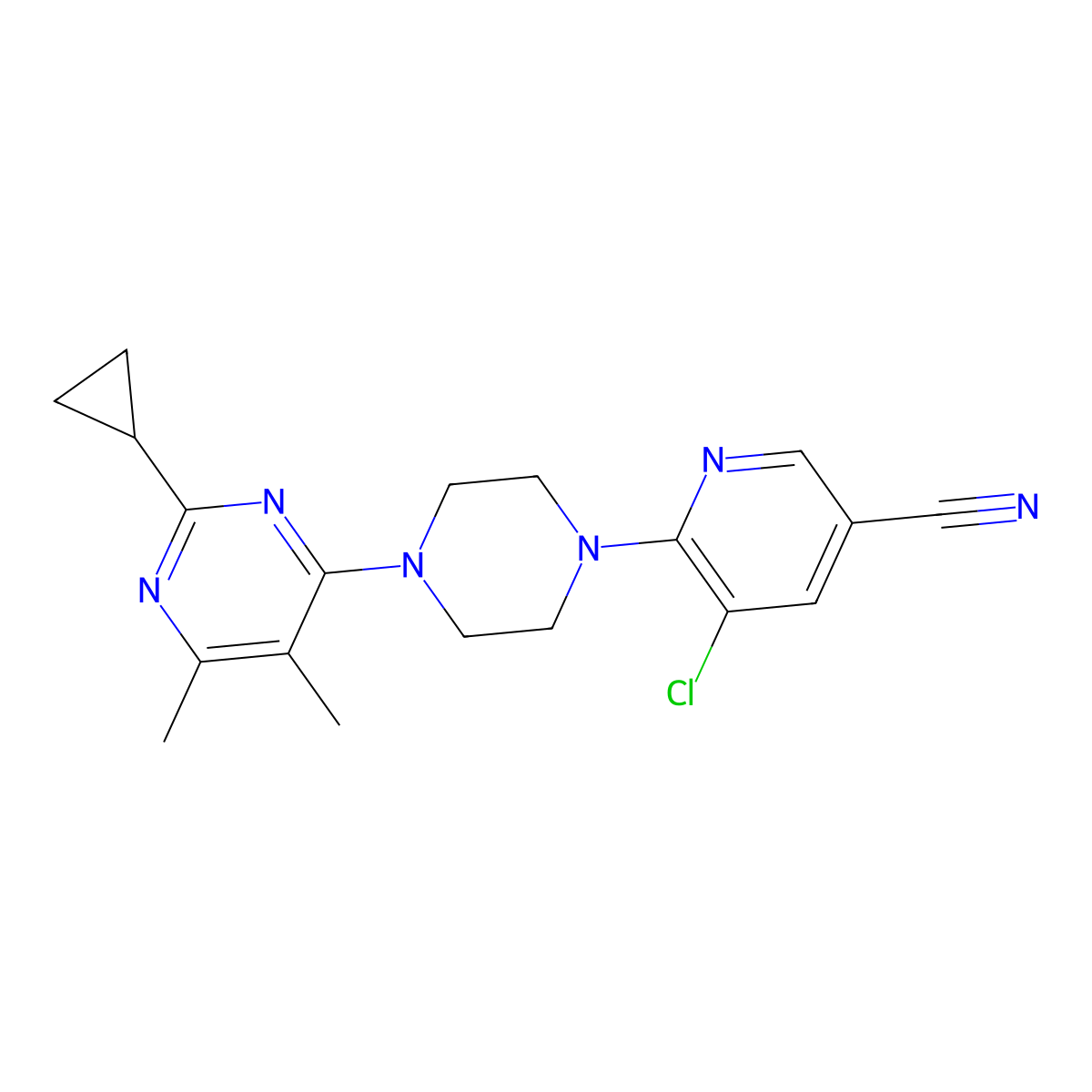 5-Chloro-6-[4-(2-cyclopropyl-5,6-dimethylpyrimidin-4-yl)piperazin-1-yl]pyridine-3-carbonitrile molecular structure, CAS 2548981-59-3