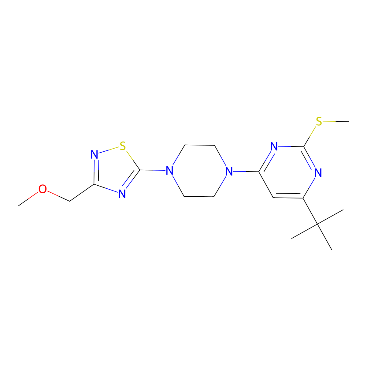 4-Tert-butyl-6-{4-[3-(methoxymethyl)-1,2,4-thiadiazol-5-yl]piperazin-1-yl}-2-(methylsulfanyl)pyrimidine molecular structure, CAS 2548981-61-7