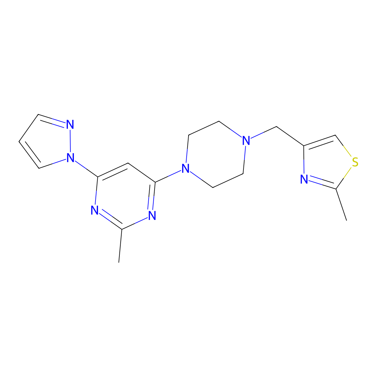 2-methyl-4-{4-[(2-methyl-1,3-thiazol-4-yl)methyl]piperazin-1-yl}-6-(1H-pyrazol-1-yl)pyrimidine molecular structure, CAS 2548981-66-2
