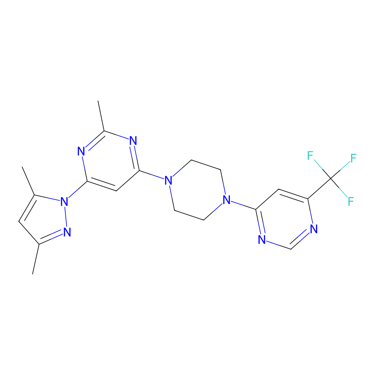 4-(3,5-dimethyl-1H-pyrazol-1-yl)-2-methyl-6-{4-[6-(trifluoromethyl)pyrimidin-4-yl]piperazin-1-yl}pyrimidine molecular structure, CAS 2548981-69-5