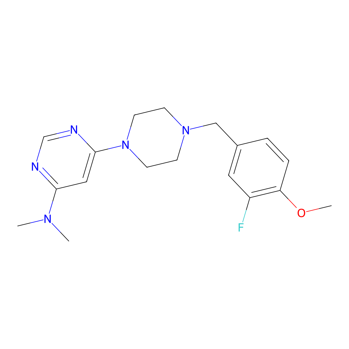6-{4-[(3-fluoro-4-methoxyphenyl)methyl]piperazin-1-yl}-N,N-dimethylpyrimidin-4-amine molecular structure, CAS 2548981-71-9
