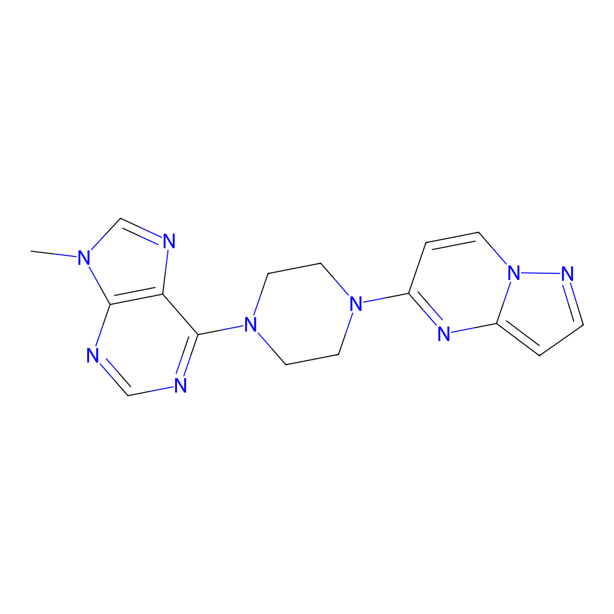 9-methyl-6-(4-{pyrazolo[1,5-a]pyrimidin-5-yl}piperazin-1-yl)-9H-purine molecular structure, CAS 2548981-73-1