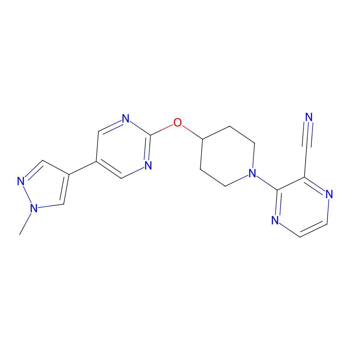 3-(4-{[5-(1-methyl-1H-pyrazol-4-yl)pyrimidin-2-yl]oxy}piperidin-1-yl)pyrazine-2-carbonitrile molecular structure, CAS 2548981-80-0