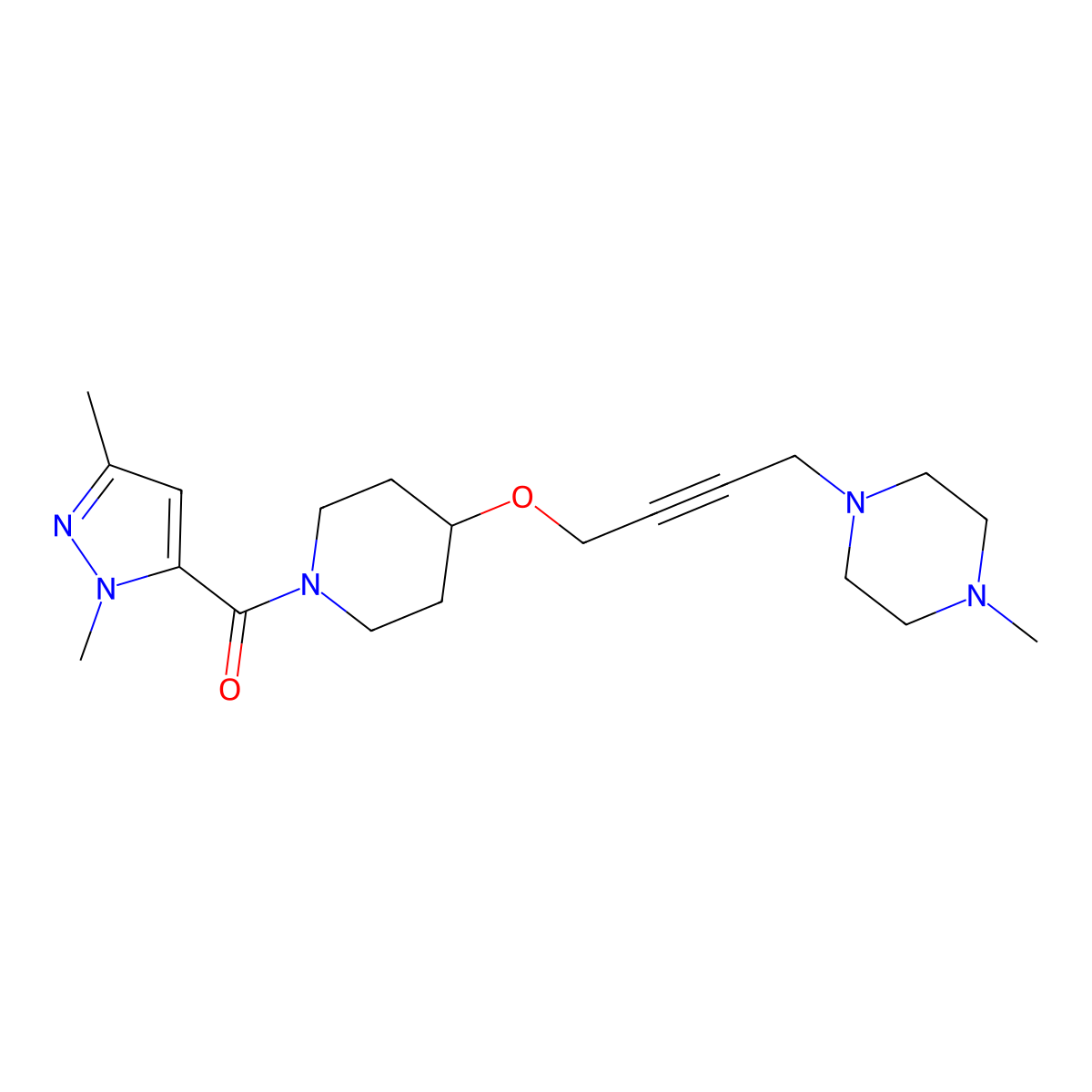 1-(4-{[1-(1,3-dimethyl-1H-pyrazole-5-carbonyl)piperidin-4-yl]oxy}but-2-yn-1-yl)-4-methylpiperazine molecular structure, CAS 2548981-84-4