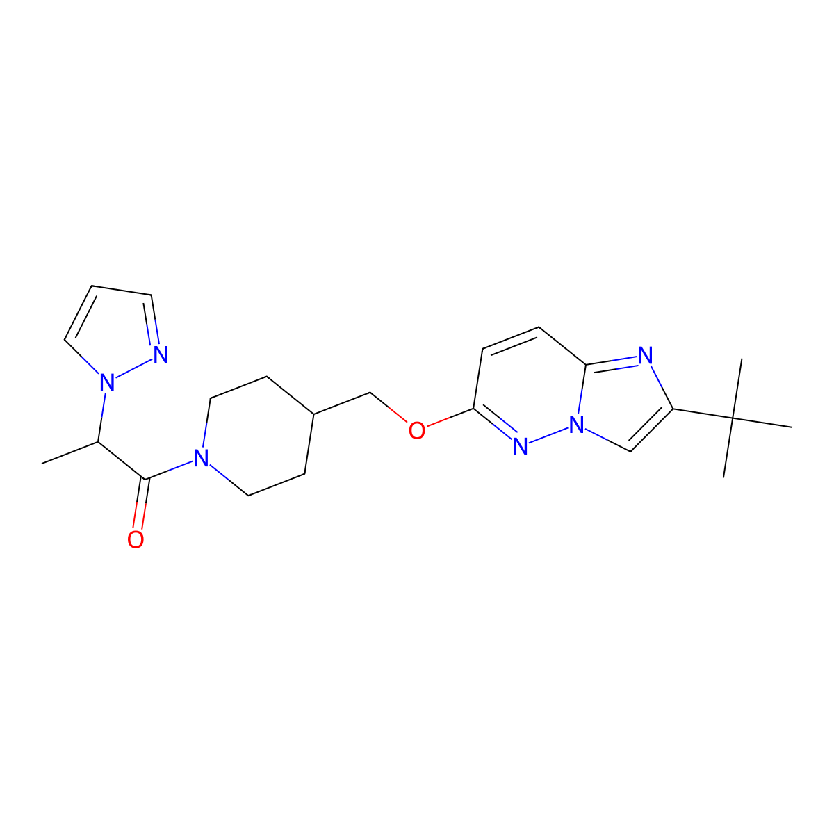 1-{4-[({2-tert-butylimidazo[1,2-b]pyridazin-6-yl}oxy)methyl]piperidin-1-yl}-2-(1H-pyrazol-1-yl)propan-1-one molecular structure, CAS 2548981-86-6