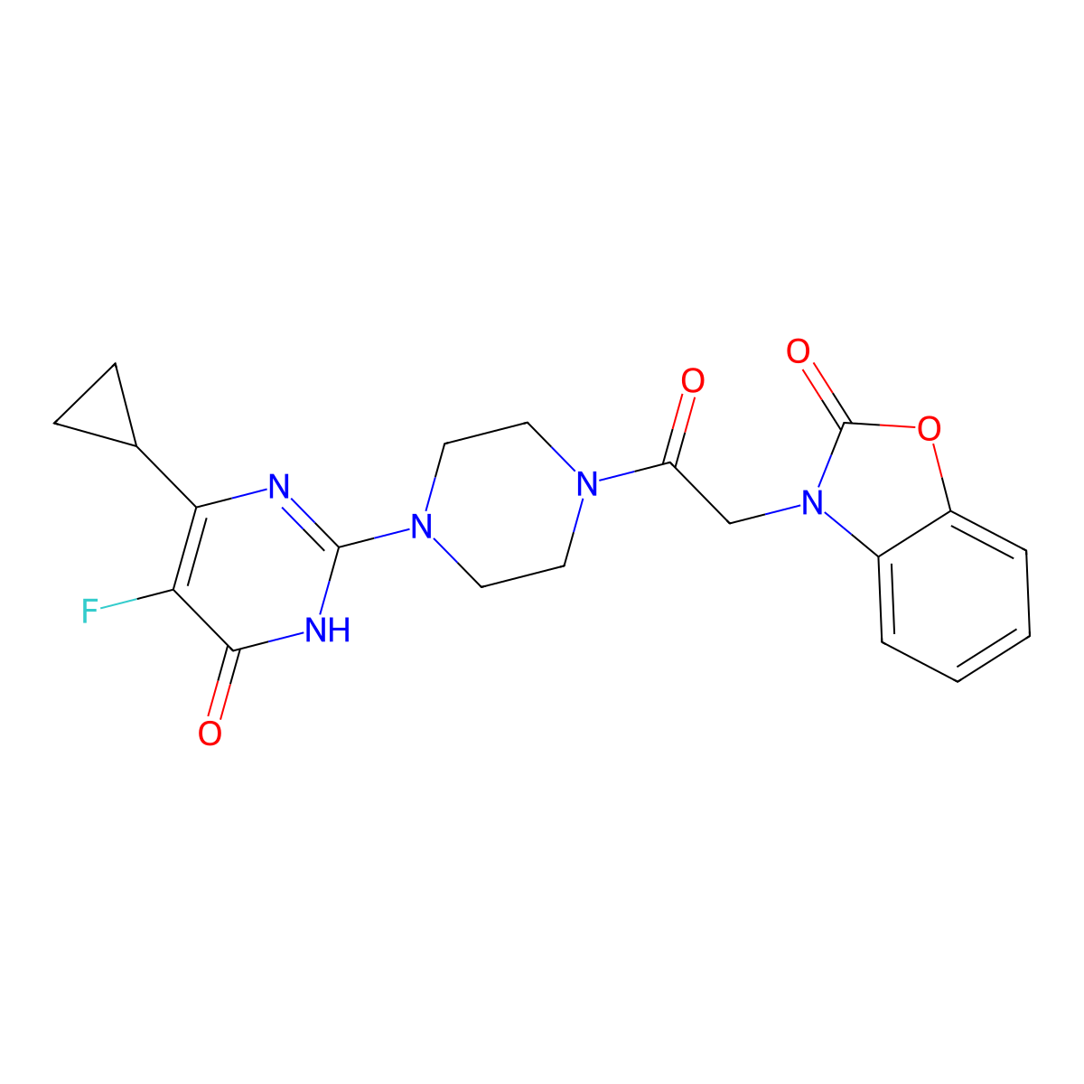 3-{2-[4-(4-Cyclopropyl-5-fluoro-6-oxo-1,6-dihydropyrimidin-2-yl)piperazin-1-yl]-2-oxoethyl}-2,3-dihydro-1,3-benzoxazol-2-one molecular structure, CAS 2548981-88-8