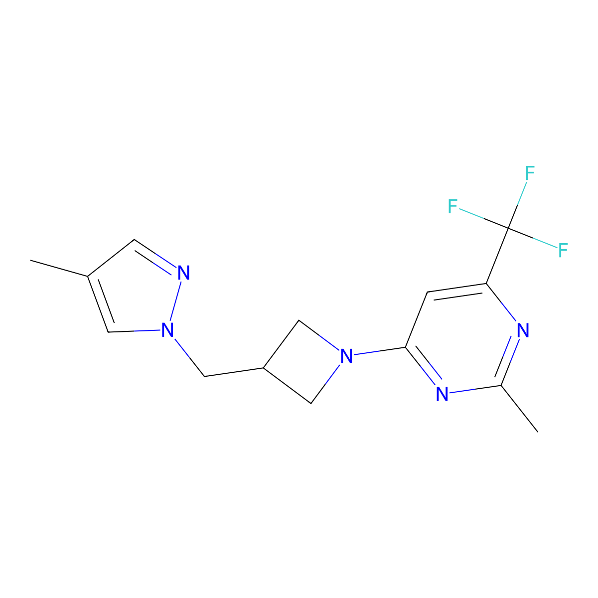 2-methyl-4-{3-[(4-methyl-1H-pyrazol-1-yl)methyl]azetidin-1-yl}-6-(trifluoromethyl)pyrimidine molecular structure, CAS 2548981-92-4
