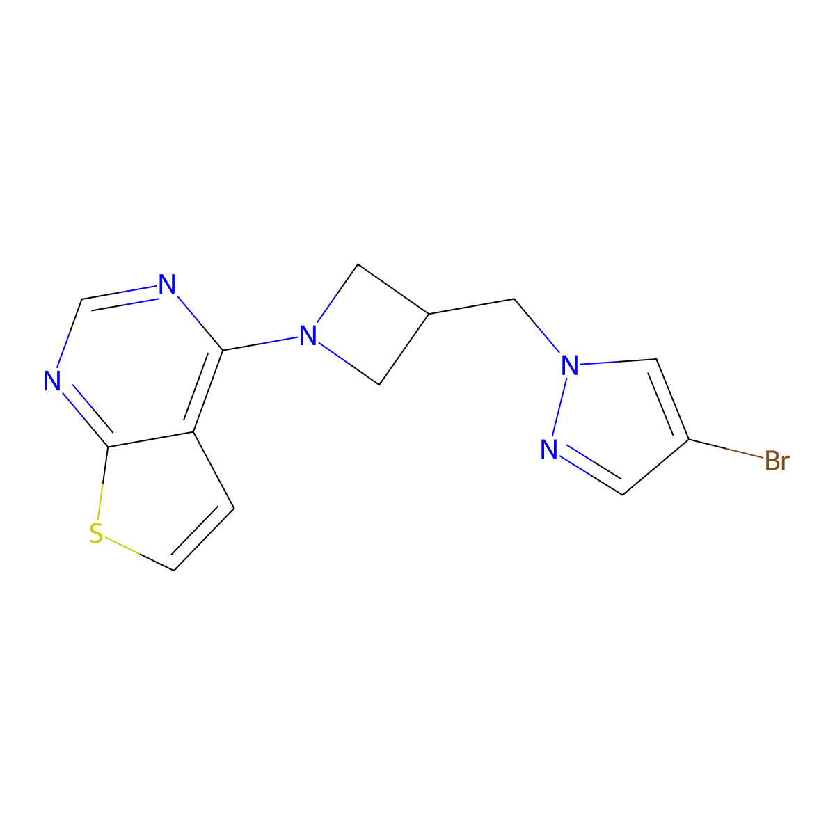 4-bromo-1-[(1-{thieno[2,3-d]pyrimidin-4-yl}azetidin-3-yl)methyl]-1H-pyrazole molecular structure, CAS 2548982-02-9