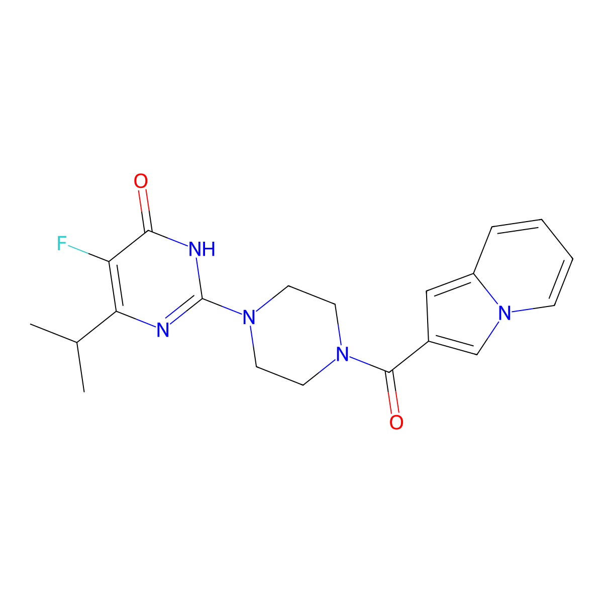 5-Fluoro-2-[4-(indolizine-2-carbonyl)piperazin-1-yl]-6-(propan-2-yl)-3,4-dihydropyrimidin-4-one molecular structure, CAS 2548982-19-8