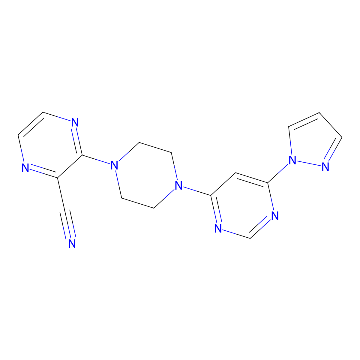 3-{4-[6-(1H-pyrazol-1-yl)pyrimidin-4-yl]piperazin-1-yl}pyrazine-2-carbonitrile molecular structure, CAS 2548982-28-9