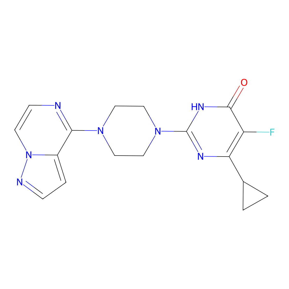 6-Cyclopropyl-5-fluoro-2-(4-{pyrazolo[1,5-a]pyrazin-4-yl}piperazin-1-yl)-3,4-dihydropyrimidin-4-one molecular structure, CAS 2548982-37-0