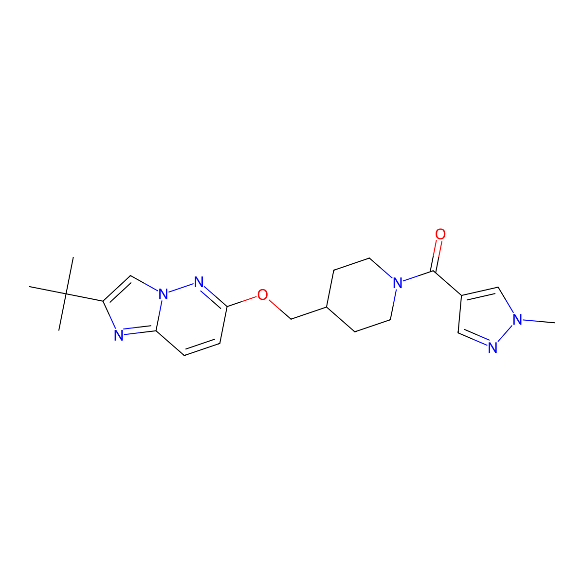 4-[({2-tert-butylimidazo[1,2-b]pyridazin-6-yl}oxy)methyl]-1-(1-methyl-1H-pyrazole-4-carbonyl)piperidine molecular structure, CAS 2548982-38-1