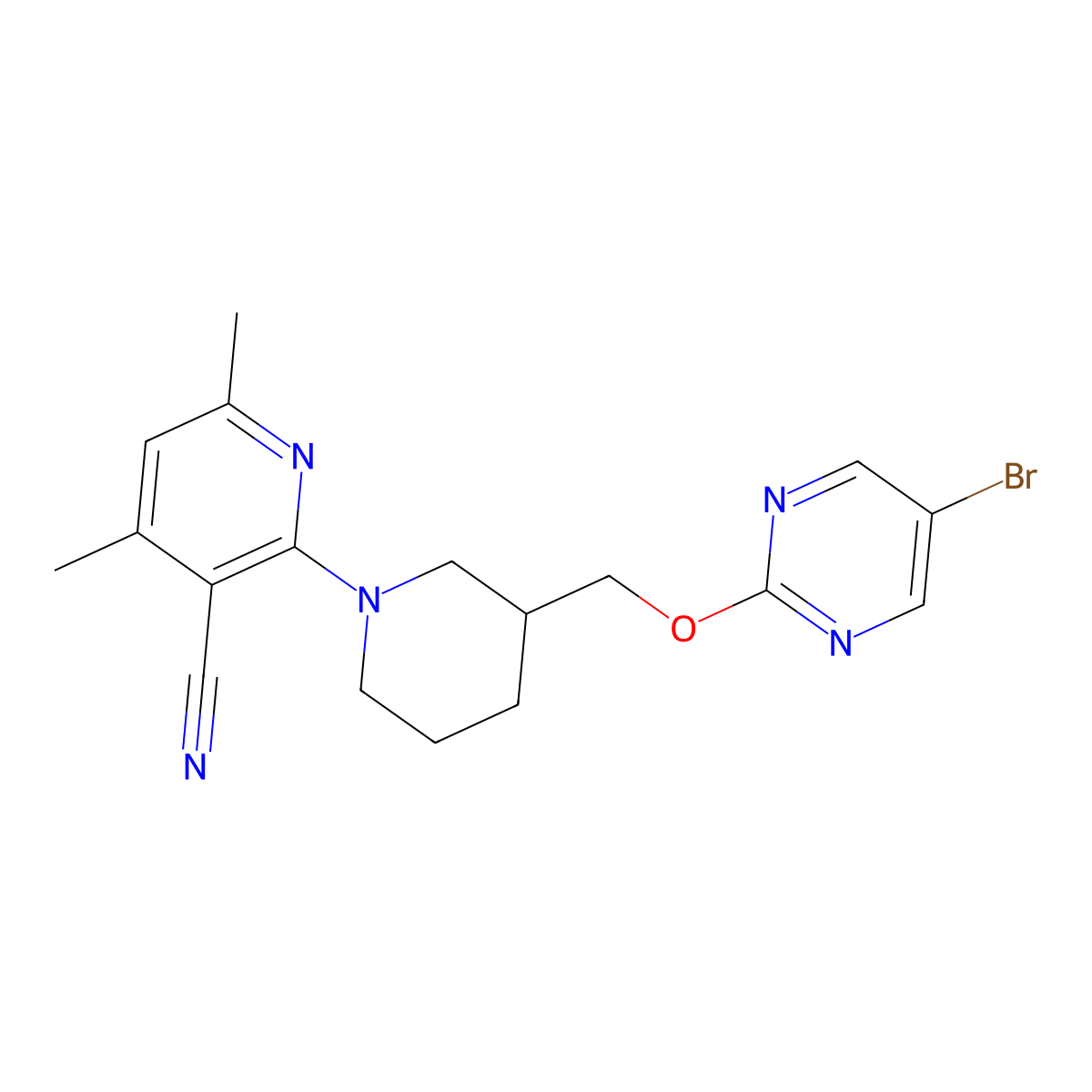2-(3-{[(5-Bromopyrimidin-2-yl)oxy]methyl}piperidin-1-yl)-4,6-dimethylpyridine-3-carbonitrile molecular structure, CAS 2548982-42-7