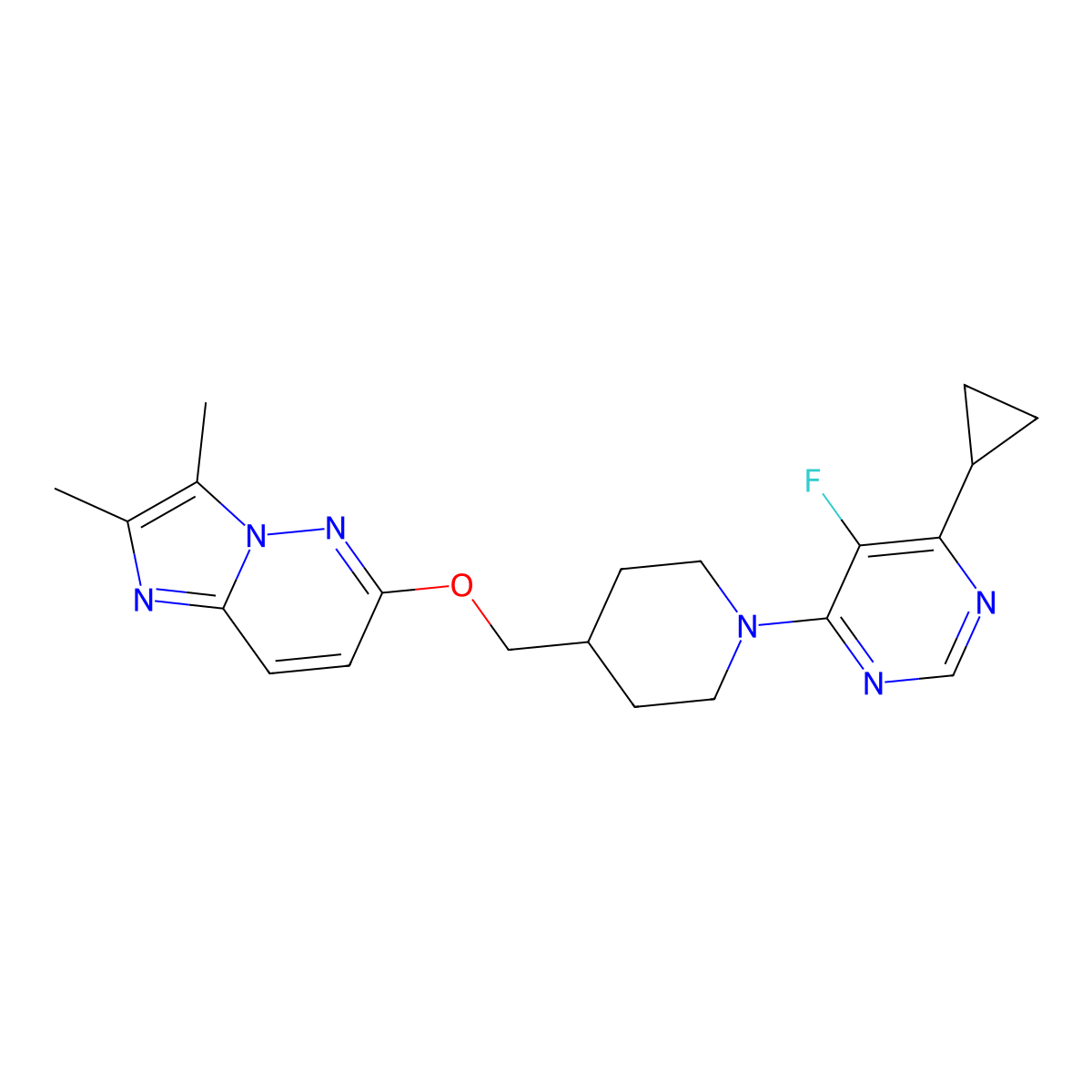 4-Cyclopropyl-6-{4-[({2,3-dimethylimidazo[1,2-b]pyridazin-6-yl}oxy)methyl]piperidin-1-yl}-5-fluoropyrimidine molecular structure, CAS 2548982-49-4