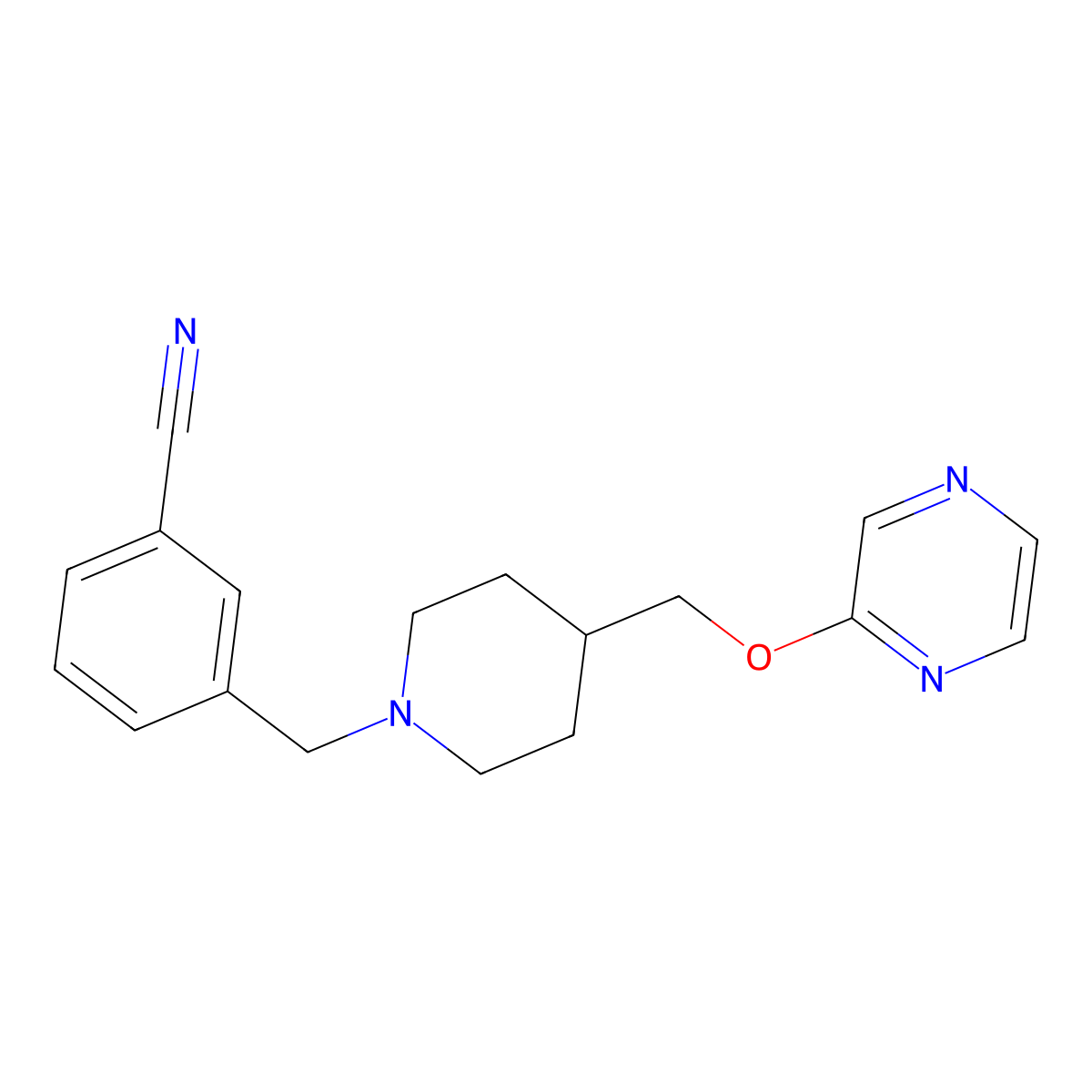 3-({4-[(Pyrazin-2-yloxy)methyl]piperidin-1-yl}methyl)benzonitrile molecular structure, CAS 2548982-57-4