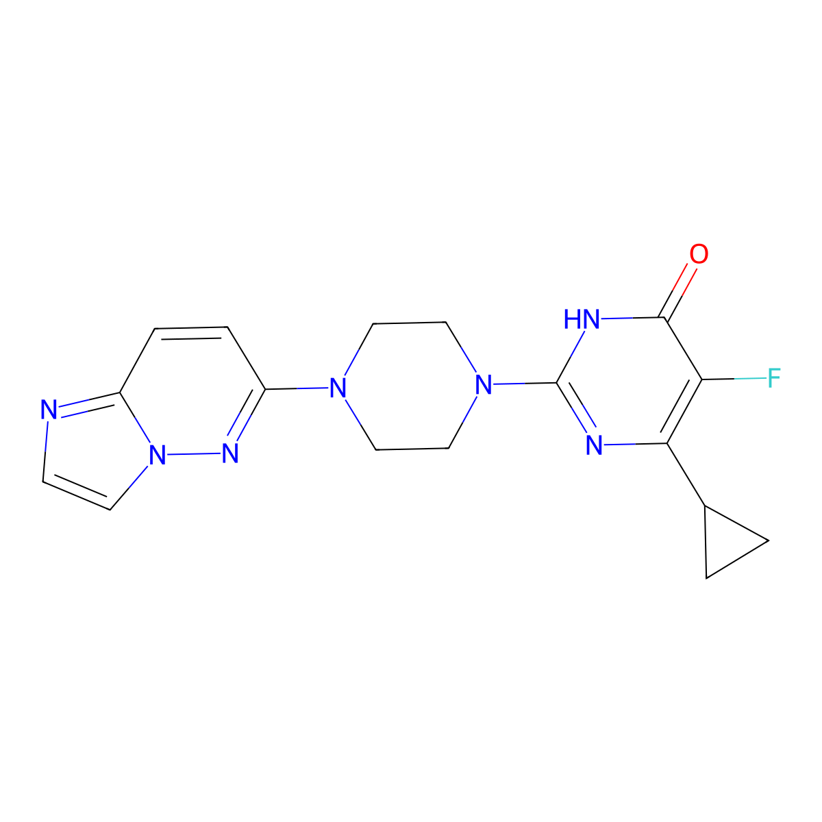 6-Cyclopropyl-5-fluoro-2-(4-{imidazo[1,2-b]pyridazin-6-yl}piperazin-1-yl)-3,4-dihydropyrimidin-4-one molecular structure, CAS 2548982-58-5