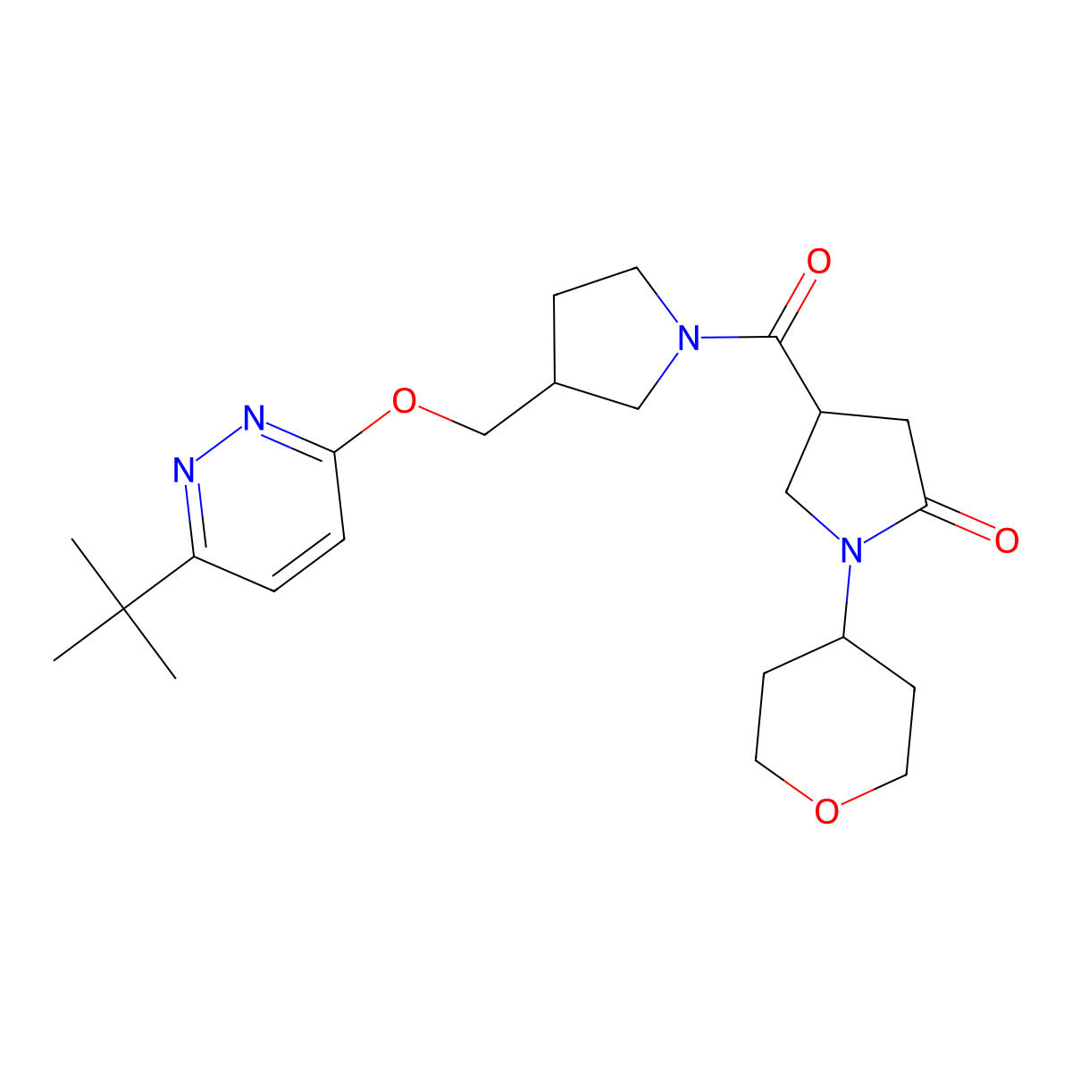 4-(3-{[(6-Tert-butylpyridazin-3-yl)oxy]methyl}pyrrolidine-1-carbonyl)-1-(oxan-4-yl)pyrrolidin-2-one molecular structure, CAS 2548982-70-1