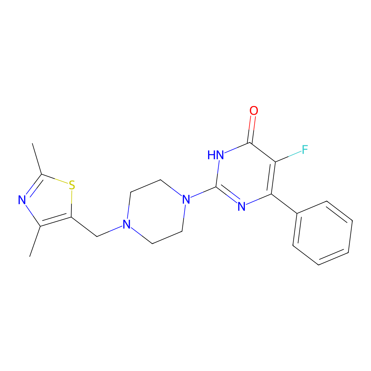 2-{4-[(2,4-Dimethyl-1,3-thiazol-5-yl)methyl]piperazin-1-yl}-5-fluoro-6-phenyl-3,4-dihydropyrimidin-4-one molecular structure, CAS 2548982-90-5