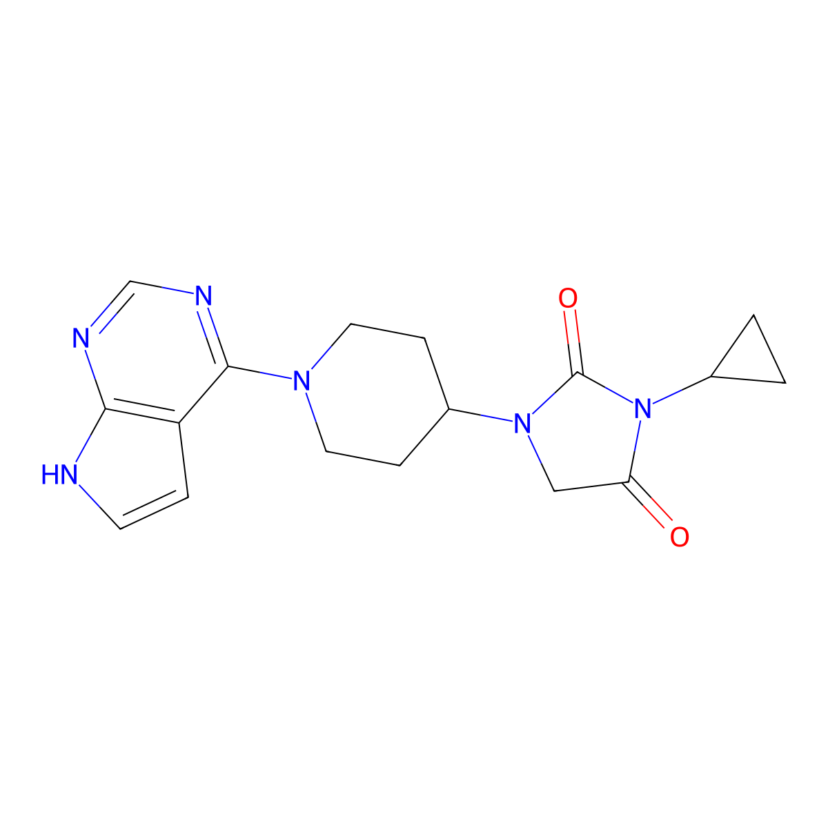 3-cyclopropyl-1-(1-{7H-pyrrolo[2,3-d]pyrimidin-4-yl}piperidin-4-yl)imidazolidine-2,4-dione molecular structure, CAS 2548982-93-8
