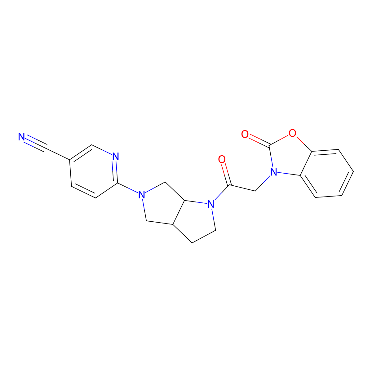 6-{1-[2-(2-Oxo-2,3-dihydro-1,3-benzoxazol-3-yl)acetyl]-octahydropyrrolo[2,3-c]pyrrol-5-yl}pyridine-3-carbonitrile molecular structure, CAS 2548982-94-9