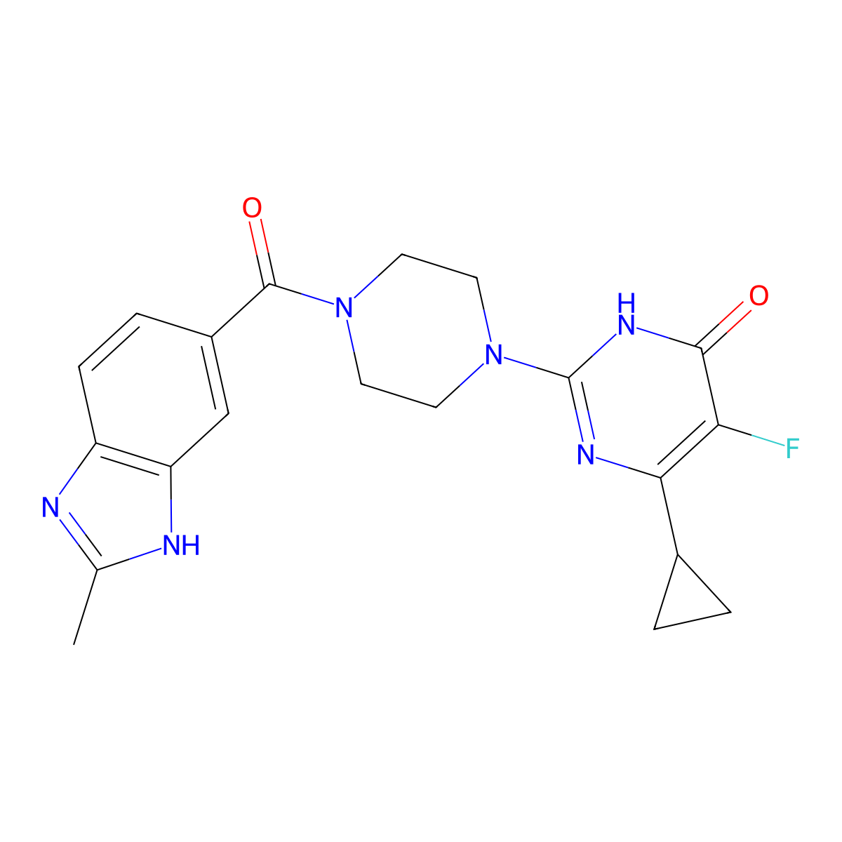 6-cyclopropyl-5-fluoro-2-[4-(2-methyl-1H-1,3-benzodiazole-5-carbonyl)piperazin-1-yl]-3,4-dihydropyrimidin-4-one molecular structure, CAS 2548982-97-2