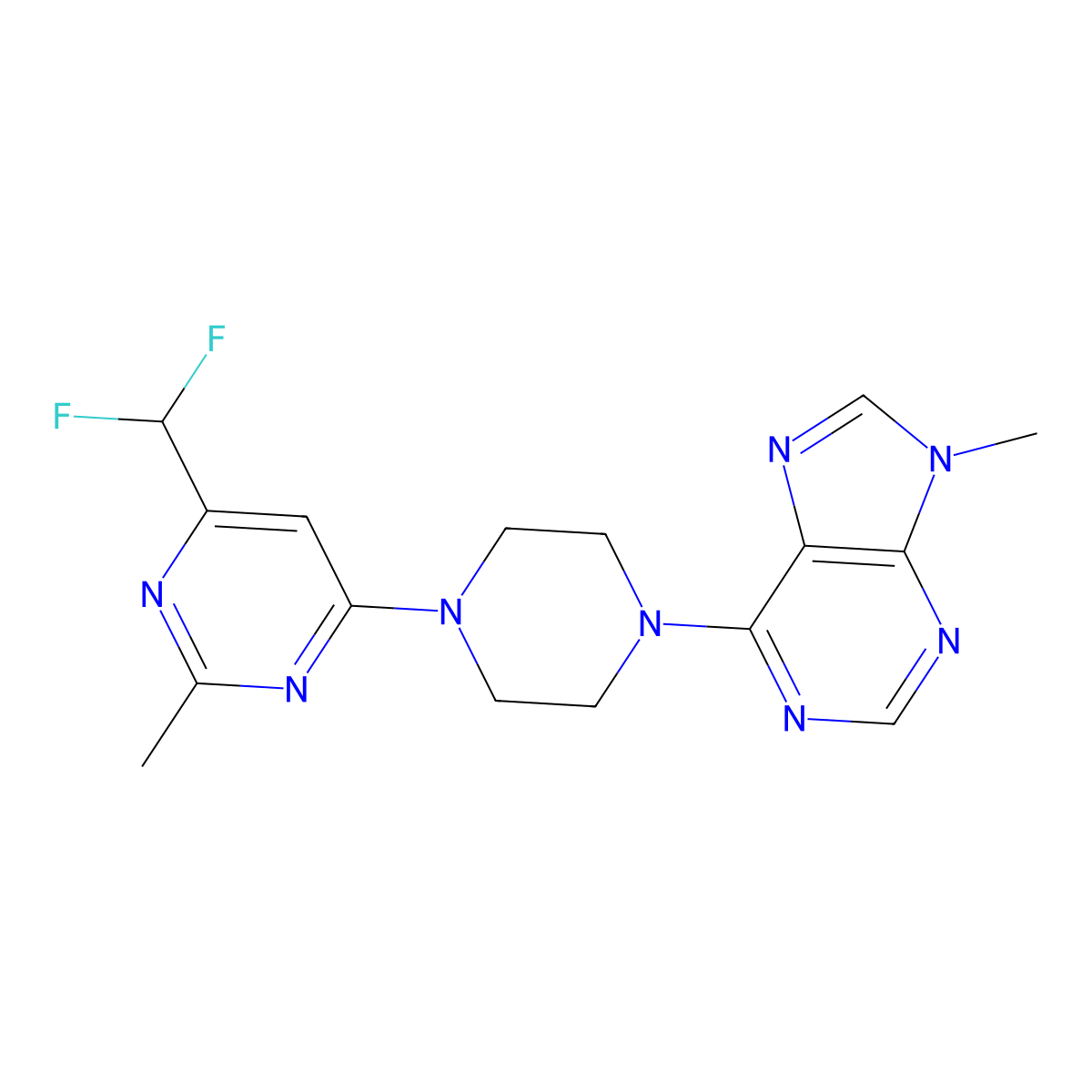 6-{4-[6-(difluoromethyl)-2-methylpyrimidin-4-yl]piperazin-1-yl}-9-methyl-9H-purine molecular structure, CAS 2548983-03-3